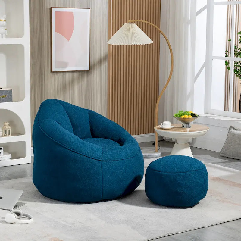 Fauteuil poire avec repose-pieds – Beige / Gris / Bleu, 1 place