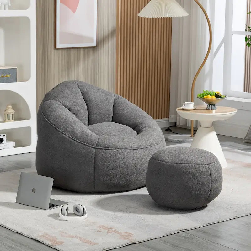 Fauteuil poire avec repose-pieds – Beige / Gris / Bleu, 1 place