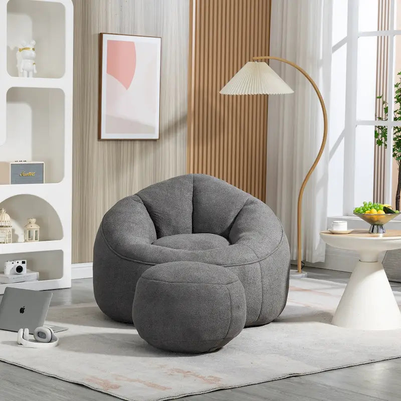 Fauteuil poire avec repose-pieds – Beige / Gris / Bleu, 1 place