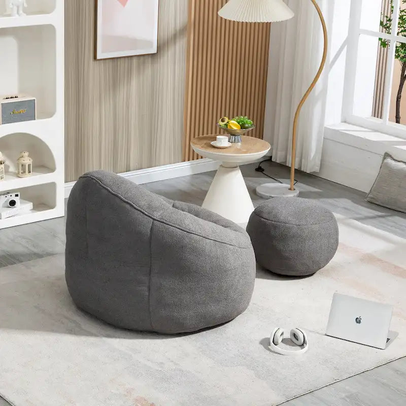 Fauteuil poire avec repose-pieds – Beige / Gris / Bleu, 1 place