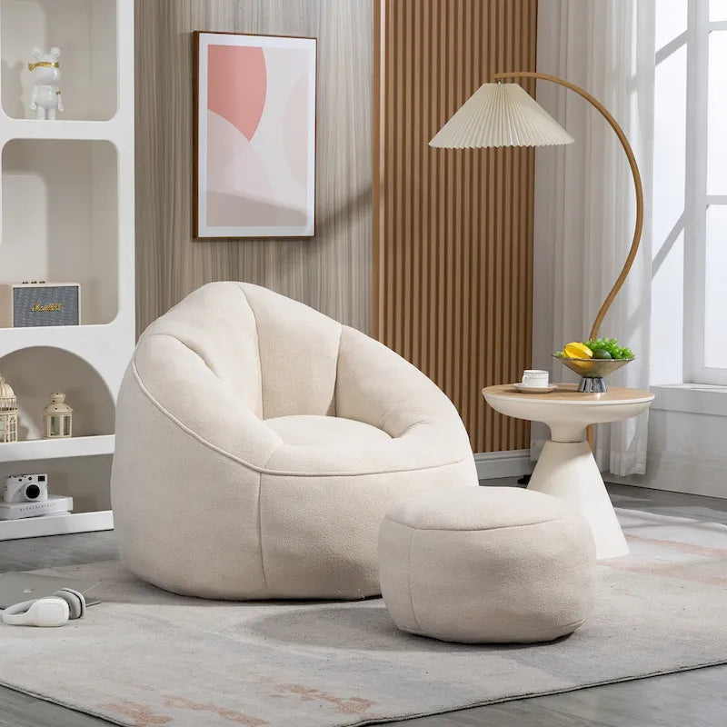 Fauteuil poire avec repose-pieds – Beige / Gris / Bleu, 1 place