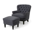 Fauteuil club capitonné et ottoman – Gris / Blé / Bleu, pieds marron foncé, 1 place
