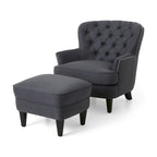 Fauteuil club capitonné et ottoman – Gris / Blé / Bleu, pieds marron foncé, 1 place