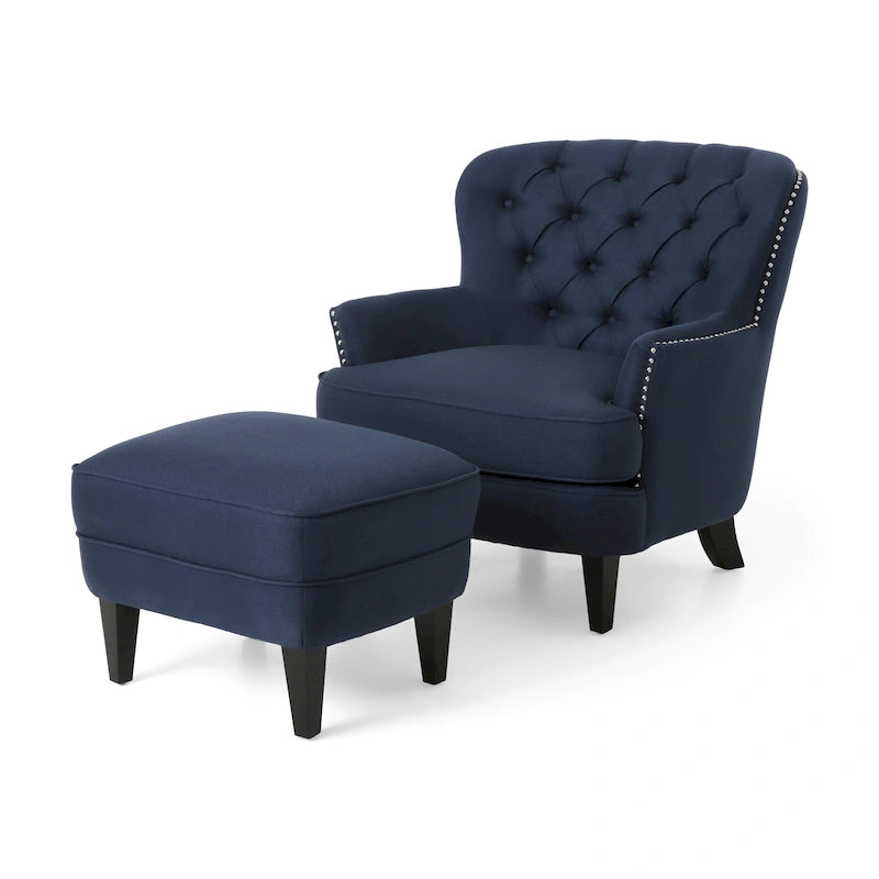 Fauteuil club capitonné et ottoman – Gris / Blé / Bleu, pieds marron foncé, 1 place