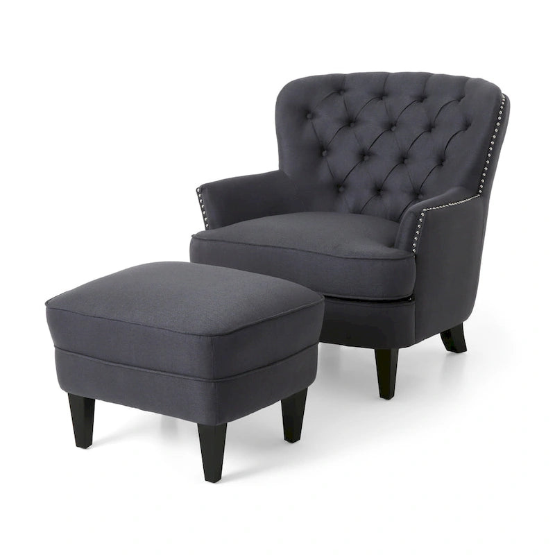 Fauteuil club capitonné et ottoman – Gris / Blé / Bleu, pieds marron foncé, 1 place