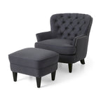 Fauteuil club capitonné et ottoman – Gris / Blé / Bleu, pieds marron foncé, 1 place