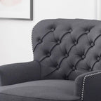 Fauteuil club capitonné et ottoman – Gris / Blé / Bleu, pieds marron foncé, 1 place