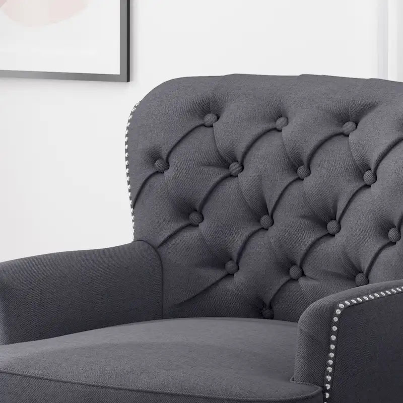Fauteuil club capitonné et ottoman – Gris / Blé / Bleu, pieds marron foncé, 1 place