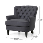 Fauteuil club capitonné et ottoman – Gris / Blé / Bleu, pieds marron foncé, 1 place