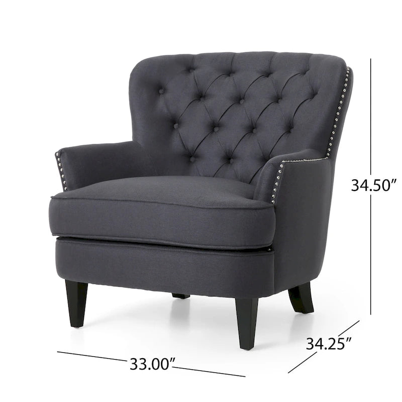 Fauteuil club capitonné et ottoman – Gris / Blé / Bleu, pieds marron foncé, 1 place