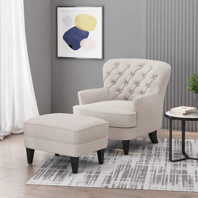 Fauteuil club capitonné et ottoman – Gris / Blé / Bleu, pieds marron foncé, 1 place