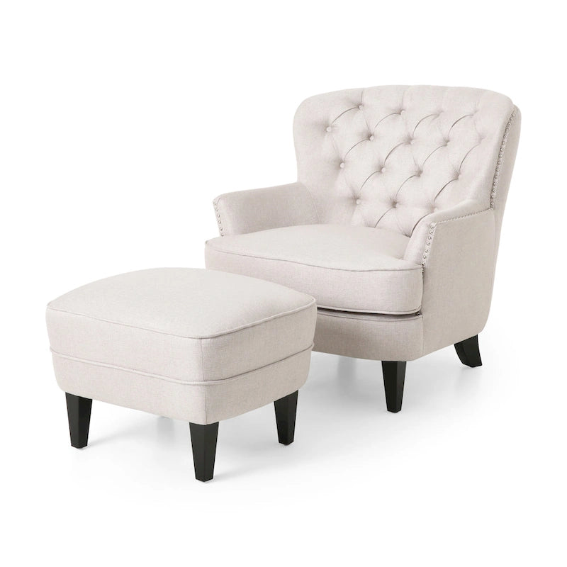Fauteuil club capitonné et ottoman – Gris / Blé / Bleu, pieds marron foncé, 1 place