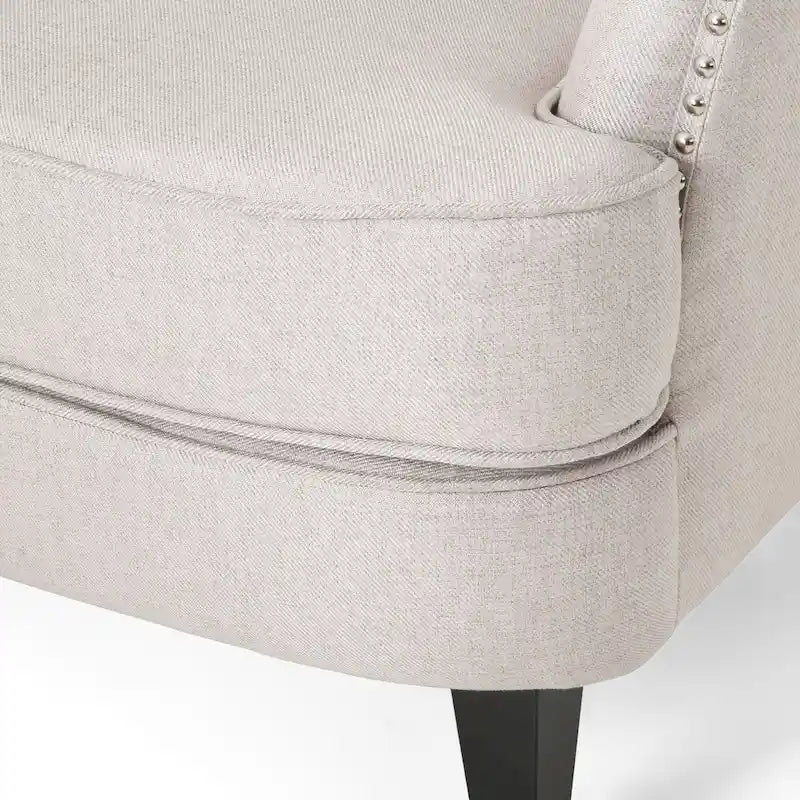Fauteuil club capitonné et ottoman – Gris / Blé / Bleu, pieds marron foncé, 1 place