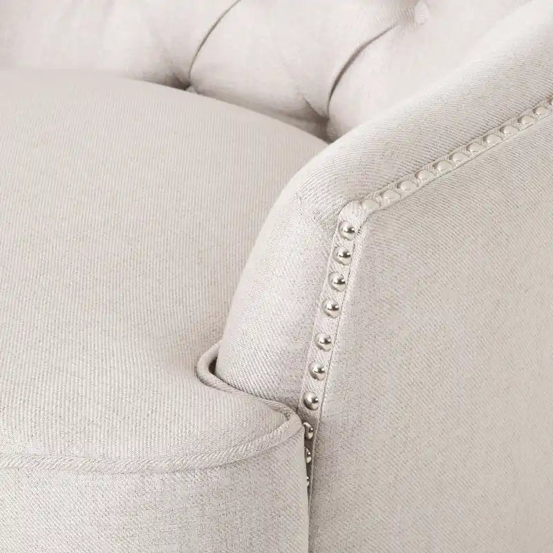 Fauteuil club capitonné et ottoman – Gris / Blé / Bleu, pieds marron foncé, 1 place