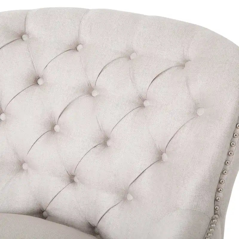Fauteuil club capitonné et ottoman – Gris / Blé / Bleu, pieds marron foncé, 1 place