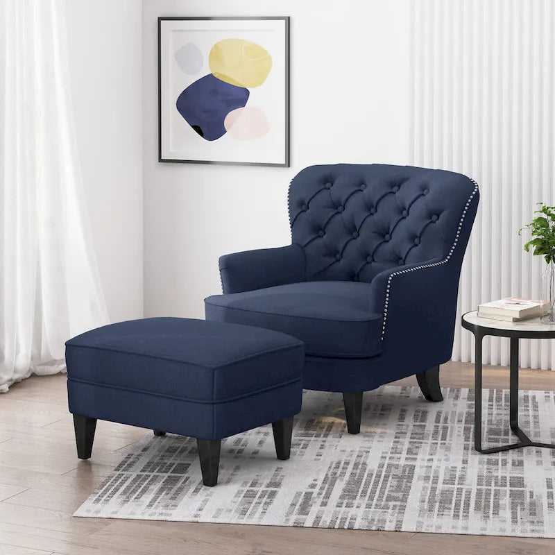 Fauteuil club capitonné et ottoman – Gris / Blé / Bleu, pieds marron foncé, 1 place