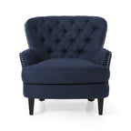 Fauteuil club capitonné et ottoman – Gris / Blé / Bleu, pieds marron foncé, 1 place