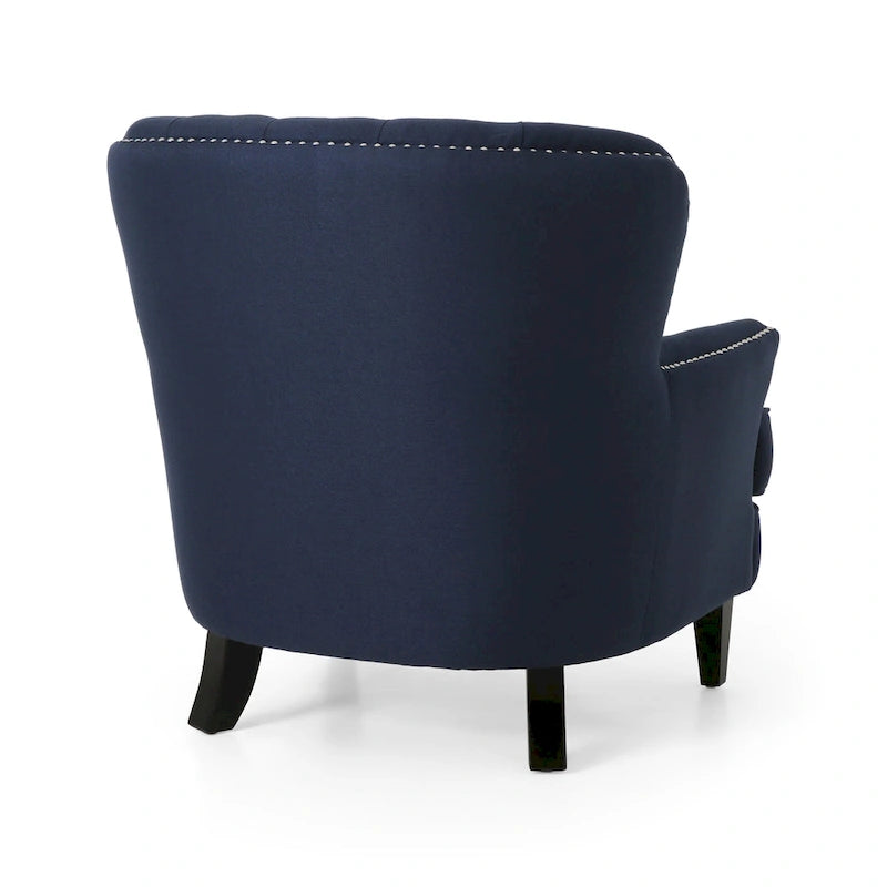 Fauteuil club capitonné et ottoman – Gris / Blé / Bleu, pieds marron foncé, 1 place