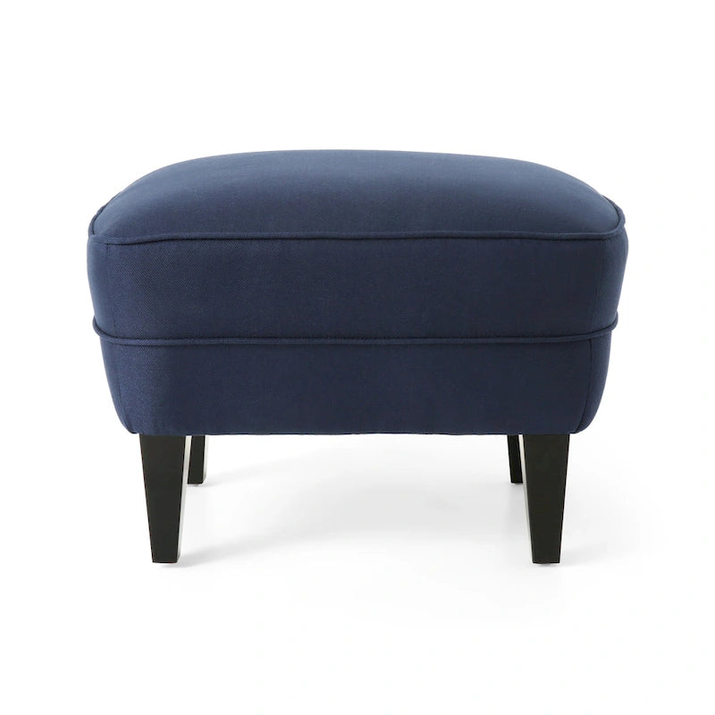 Fauteuil club capitonné et ottoman – Gris / Blé / Bleu, pieds marron foncé, 1 place