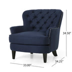 Fauteuil club capitonné et ottoman – Gris / Blé / Bleu, pieds marron foncé, 1 place