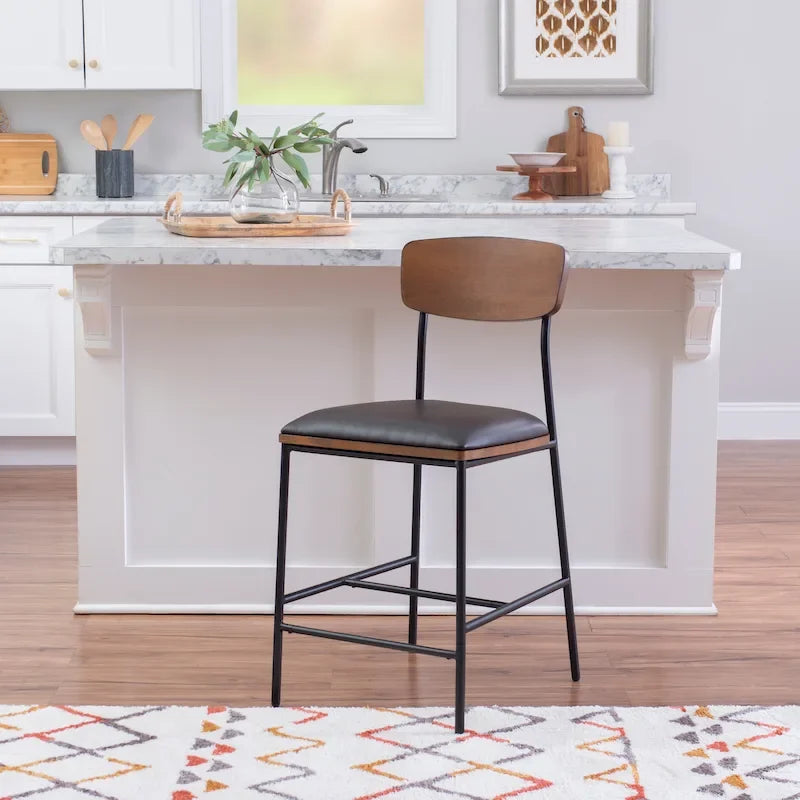 Tabouret de comptoir – Similicuir et dossier en bois, 1 place (Espresso / Crème)