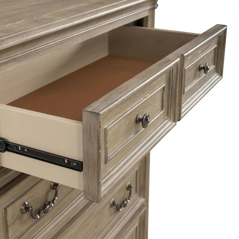 Commode 5 tiroirs – Blanc antique / Bisque patiné, style européen, montage par 1 personne