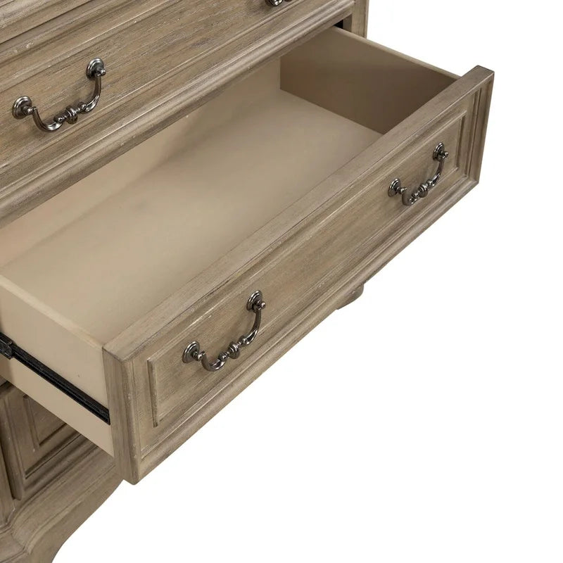 Commode 5 tiroirs – Blanc antique / Bisque patiné, style européen, montage par 1 personne