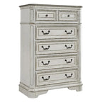 Commode 5 tiroirs – Blanc antique / Bisque patiné, style européen, montage par 1 personne