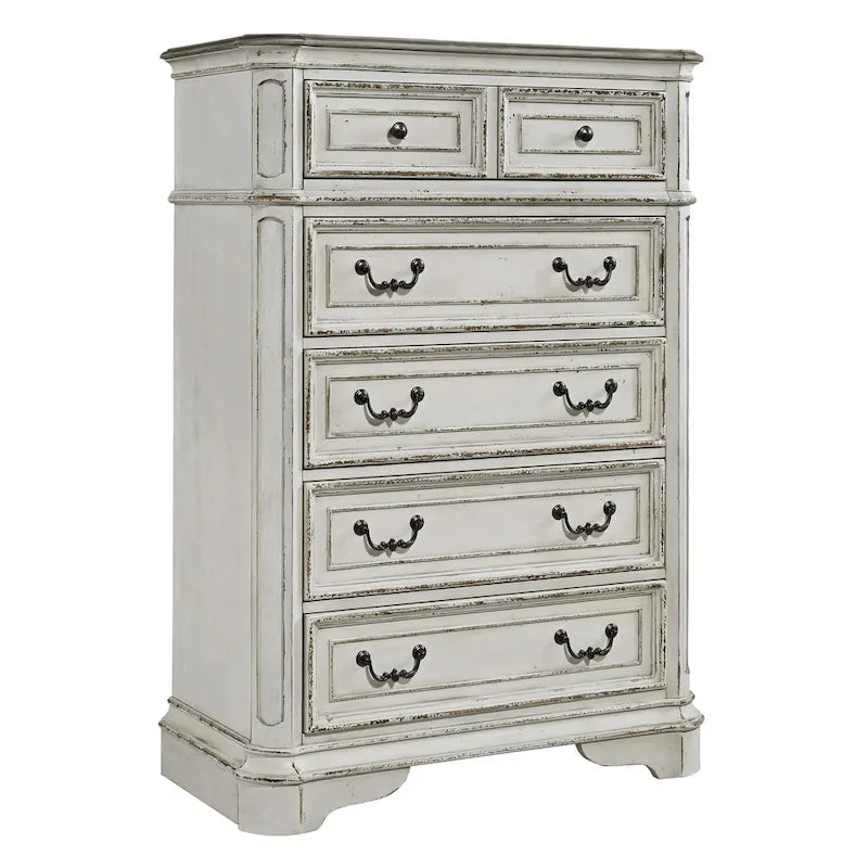 Commode 5 tiroirs – Blanc antique / Bisque patiné, style européen, montage par 1 personne