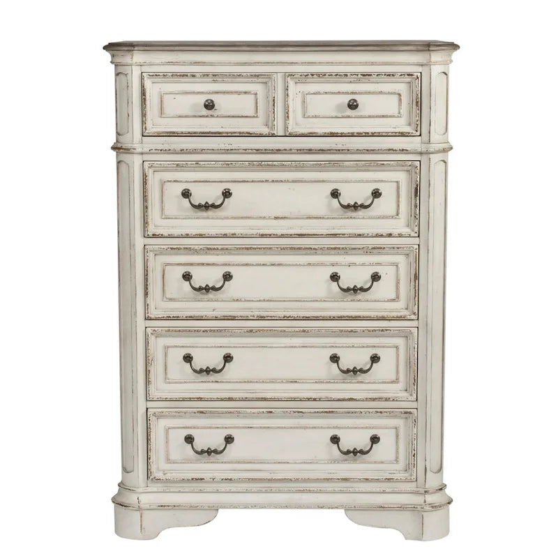 Commode 5 tiroirs – Blanc antique / Bisque patiné, style européen, montage par 1 personne
