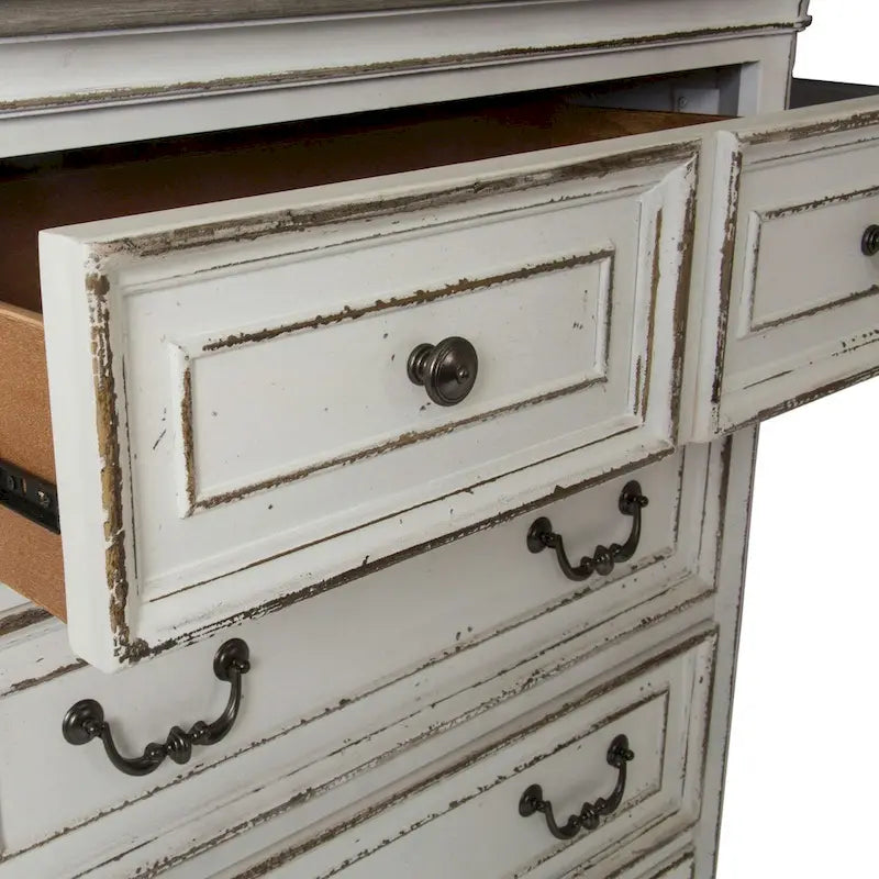 Commode 5 tiroirs – Blanc antique / Bisque patiné, style européen, montage par 1 personne