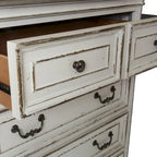 Commode 5 tiroirs – Blanc antique / Bisque patiné, style européen, montage par 1 personne
