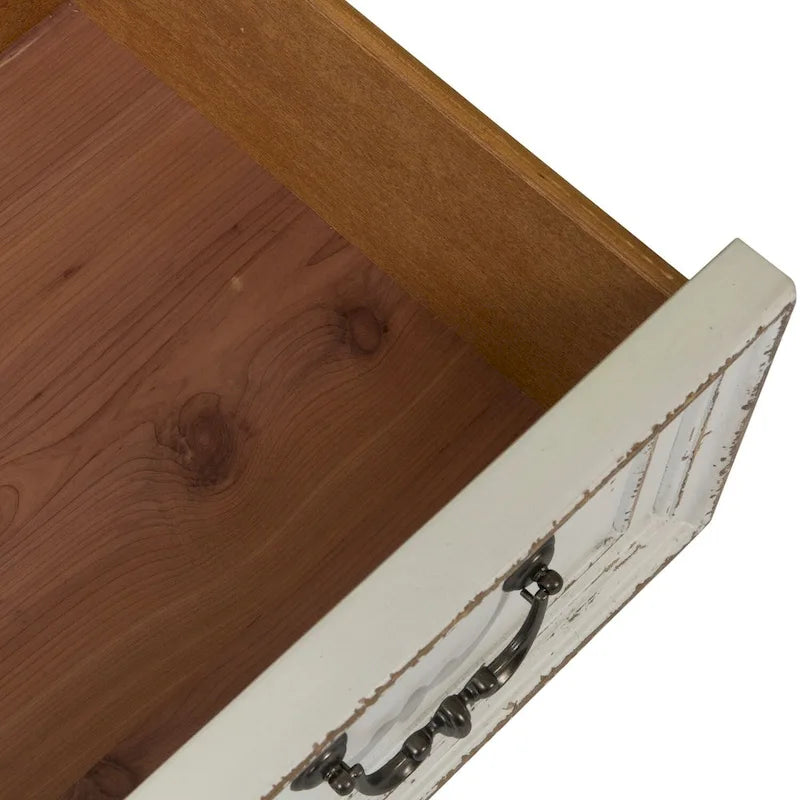 Commode 5 tiroirs – Blanc antique / Bisque patiné, style européen, montage par 1 personne