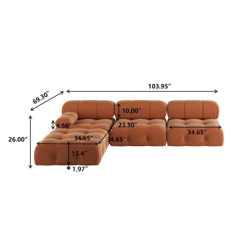 Canapé modulable 4 places en velours orange