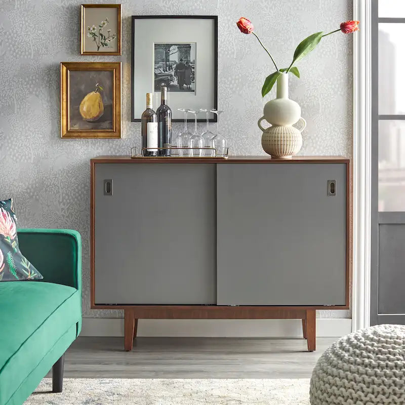 Console d'appoint Mid-Century, Noyer/Bleu, Blanc et Gris anthracite, 2 portes
