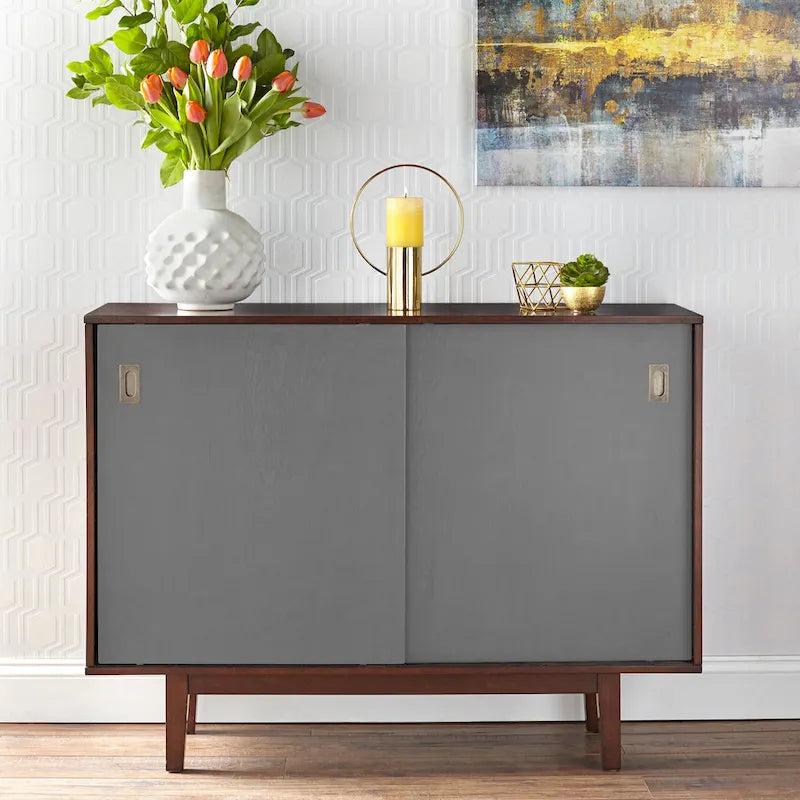 Console d'appoint Mid-Century, Noyer/Bleu, Blanc et Gris anthracite, 2 portes