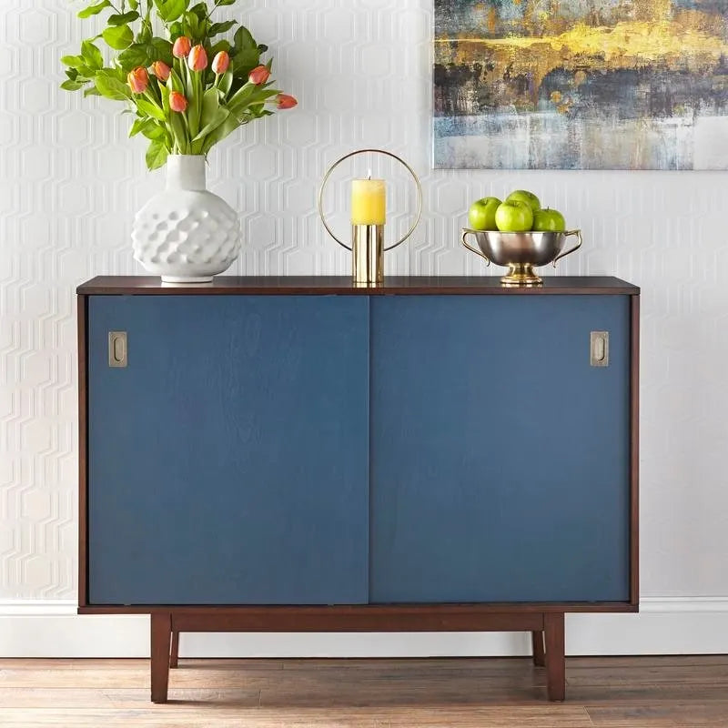 Console d'appoint Mid-Century, Noyer/Bleu, Blanc et Gris anthracite, 2 portes