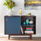 Console d'appoint Mid-Century, Noyer/Bleu, Blanc et Gris anthracite, 2 portes