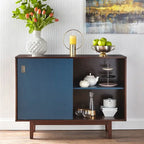 Console d'appoint Mid-Century, Noyer/Bleu, Blanc et Gris anthracite, 2 portes