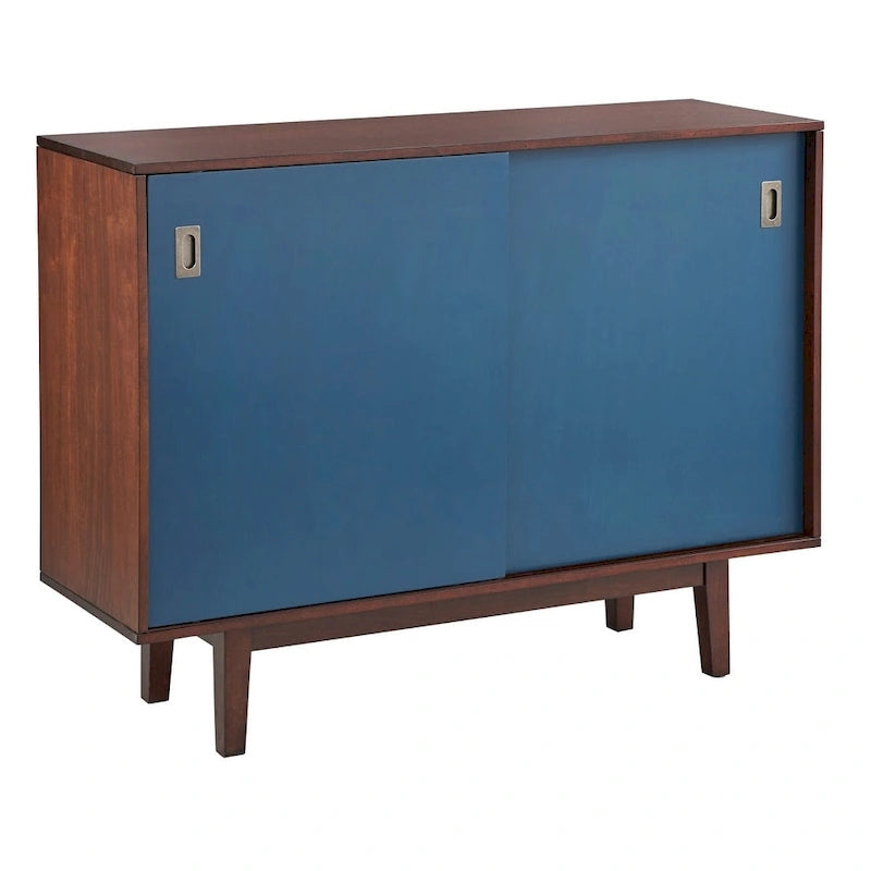 Console d'appoint Mid-Century, Noyer/Bleu, Blanc et Gris anthracite, 2 portes