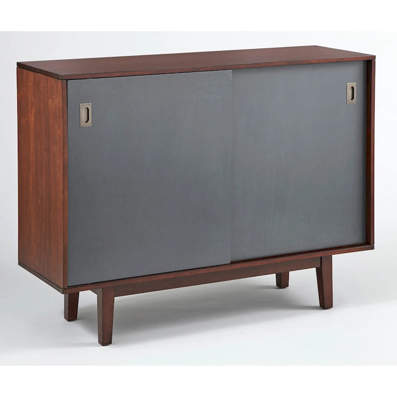 Console d'appoint Mid-Century, Noyer/Bleu, Blanc et Gris anthracite, 2 portes