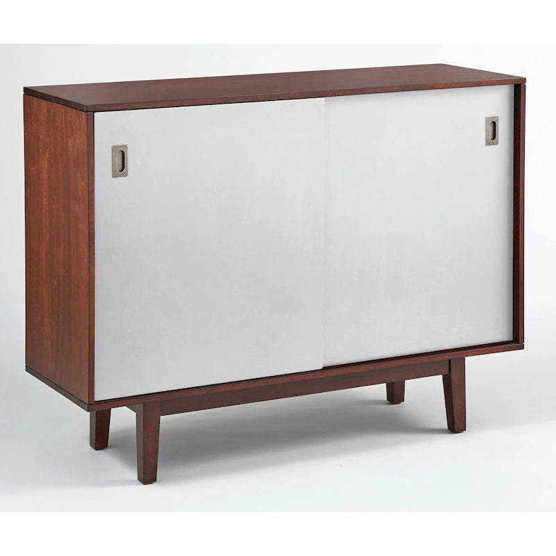 Console d'appoint Mid-Century, Noyer/Bleu, Blanc et Gris anthracite, 2 portes