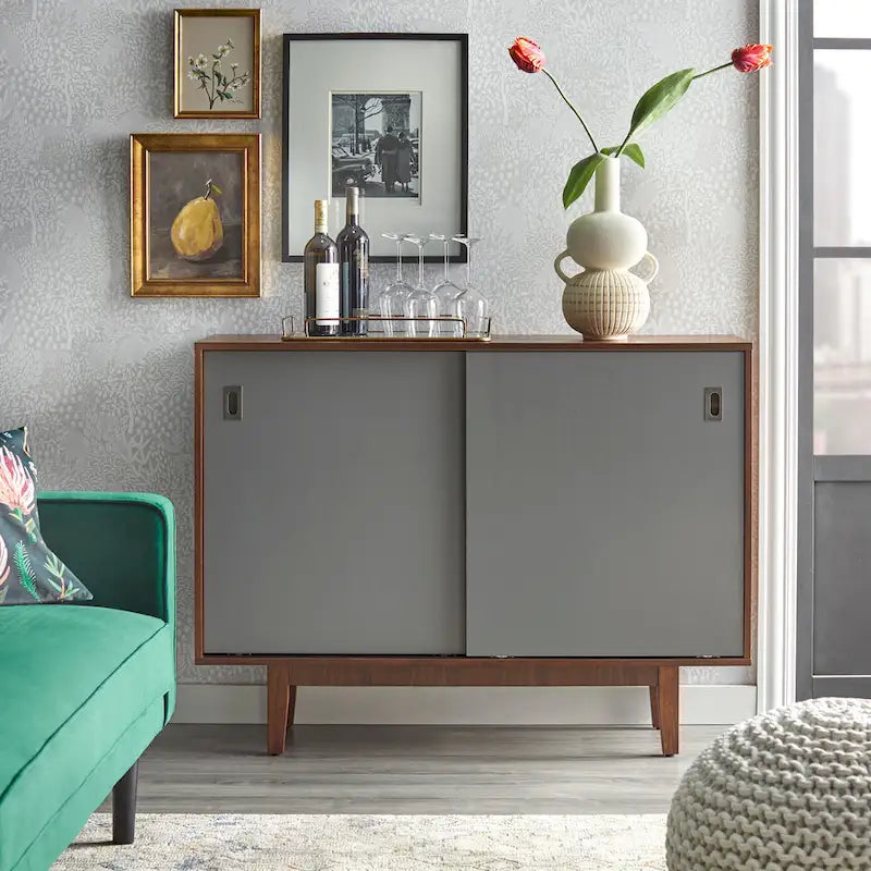 Console d'appoint Mid-Century, Noyer/Bleu, Blanc et Gris anthracite, 2 portes