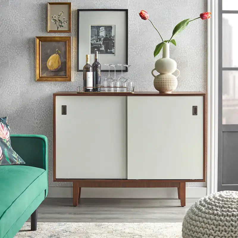 Console d'appoint Mid-Century, Noyer/Bleu, Blanc et Gris anthracite, 2 portes