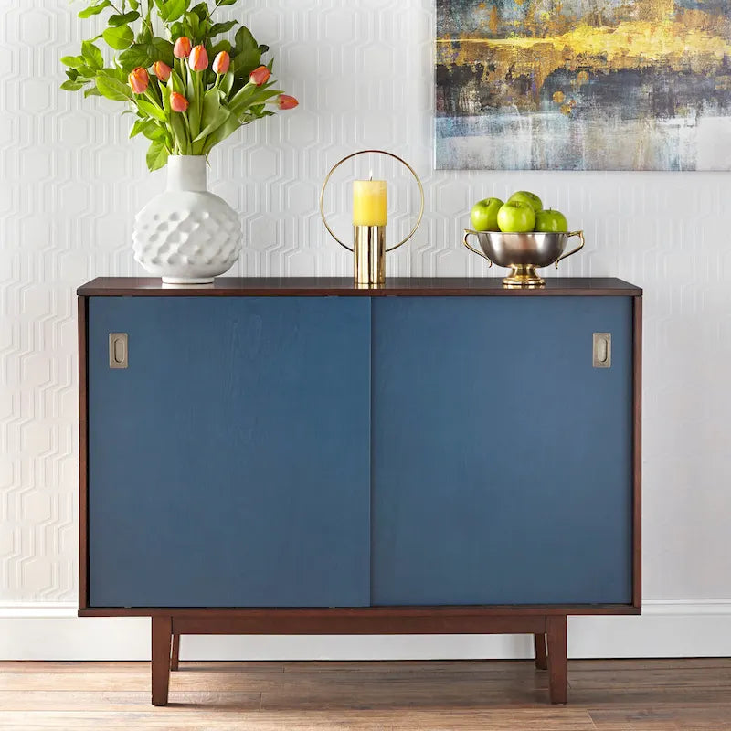Console d'appoint Mid-Century, Noyer/Bleu, Blanc et Gris anthracite, 2 portes