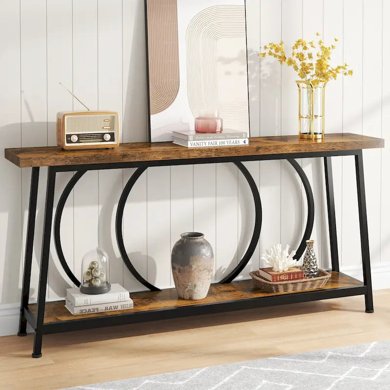 Table console étroite rétro marron rustique / gris vintage avec 2 étagères