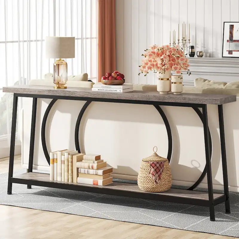 Table console étroite rétro marron rustique / gris vintage avec 2 étagères