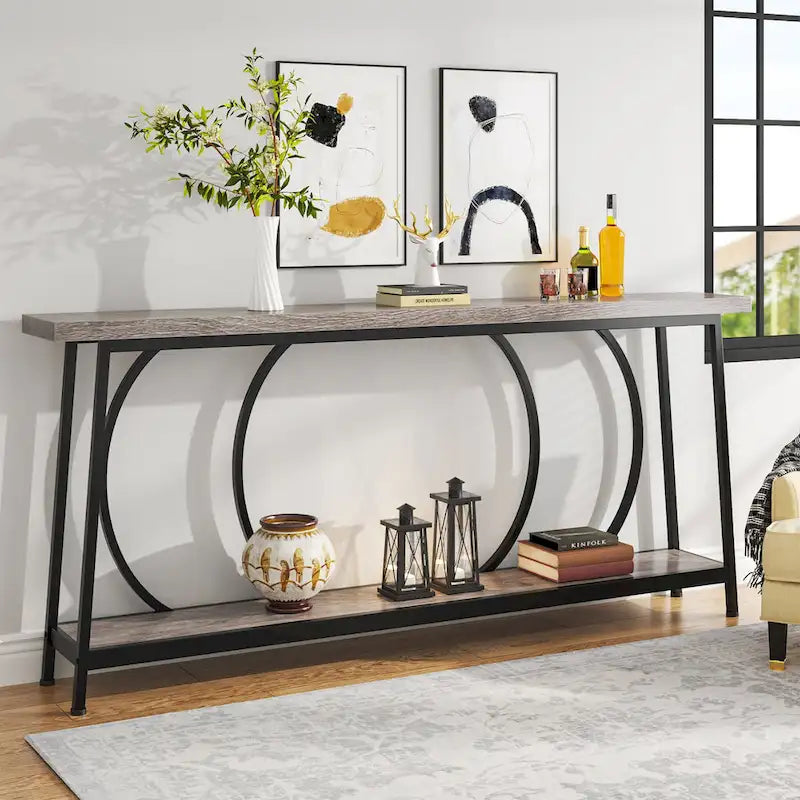Table console étroite rétro marron rustique / gris vintage avec 2 étagères
