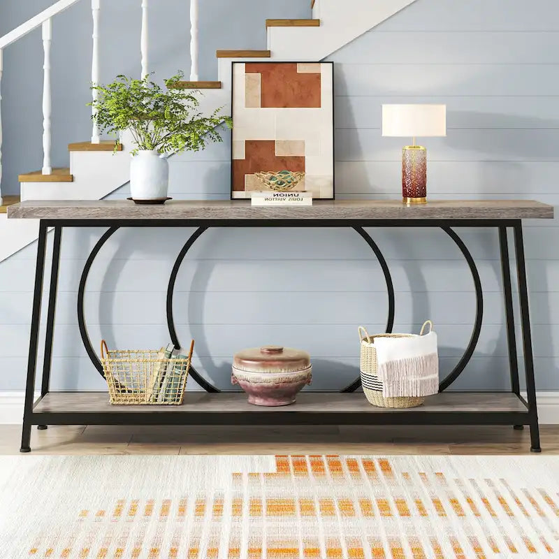 Table console étroite rétro marron rustique / gris vintage avec 2 étagères