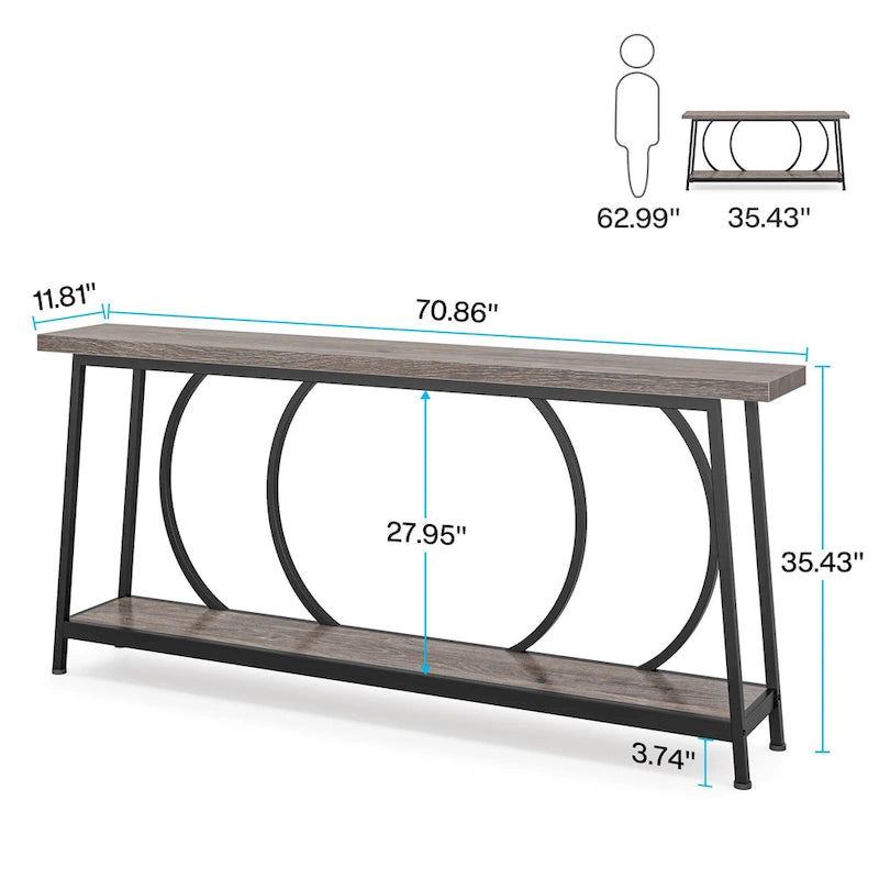 Table console étroite rétro marron rustique / gris vintage avec 2 étagères